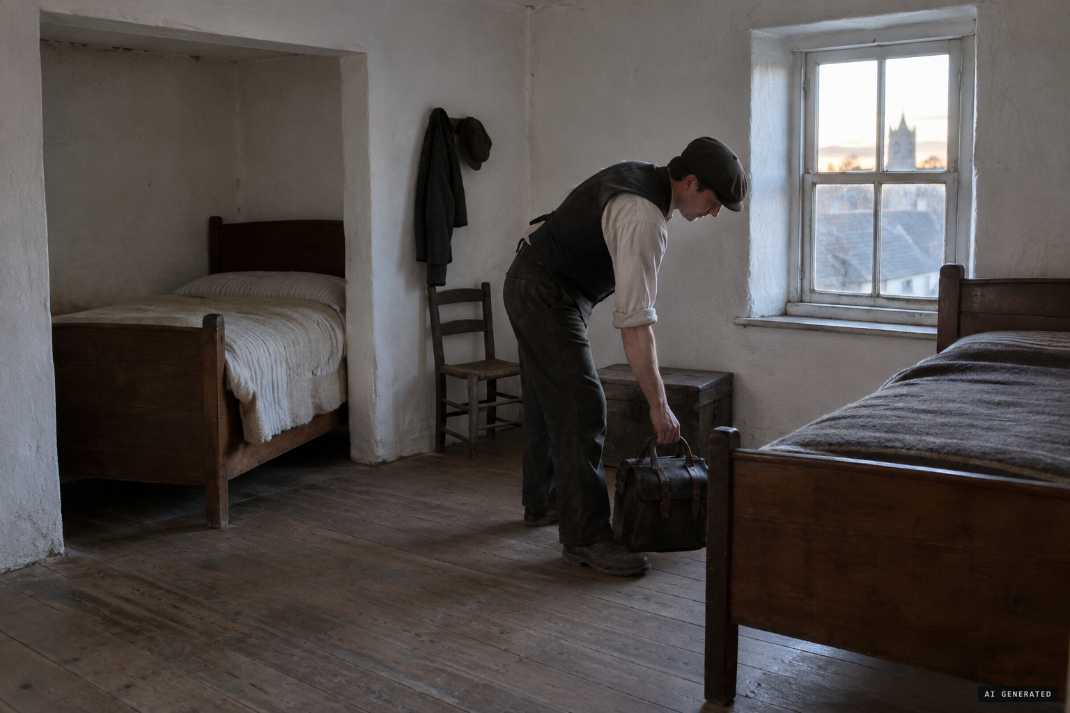 Carpenter John Randall arrives at the shared room with its two beds, one in a recess