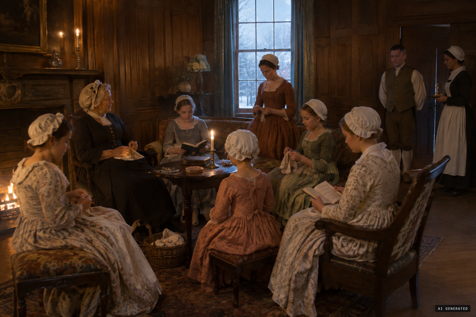 The crowded household: Susanna, seven daughters, Robin Brown and Nanny Marshall