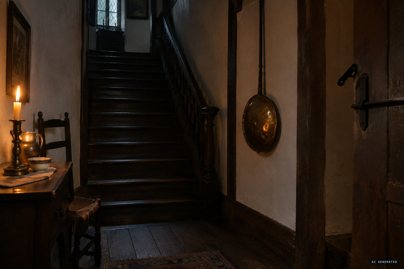 Footsteps running up and down the empty stairs, the latch and warming pan rattling
