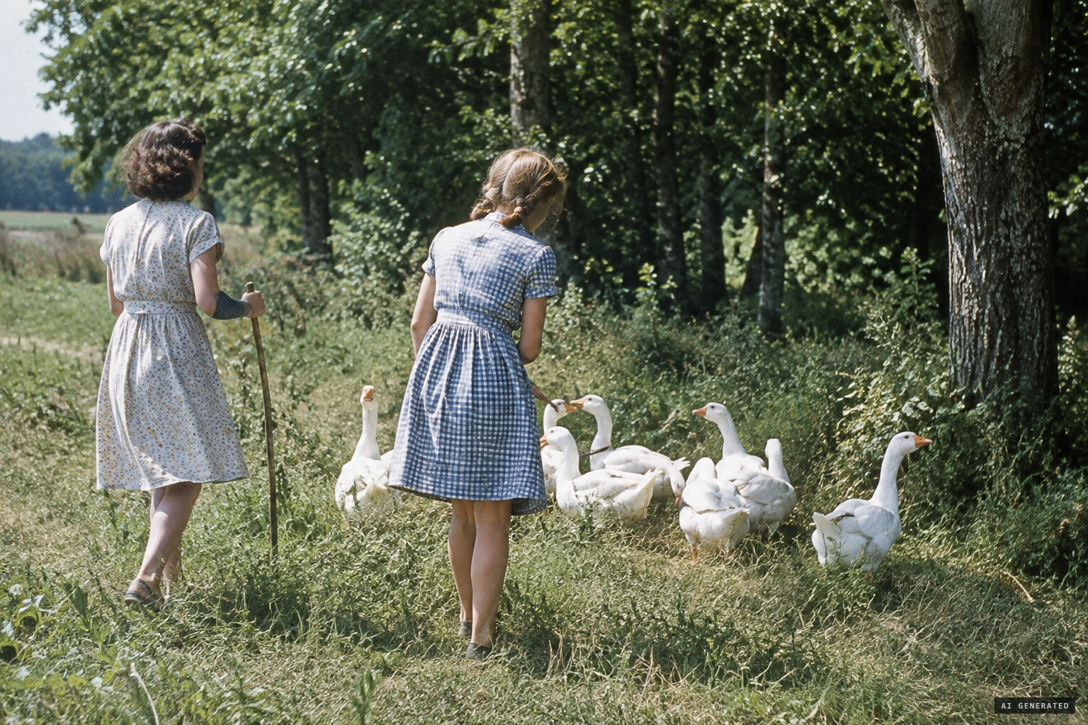Claudine and Nadine Combalbert minding geese at the edge of the wood