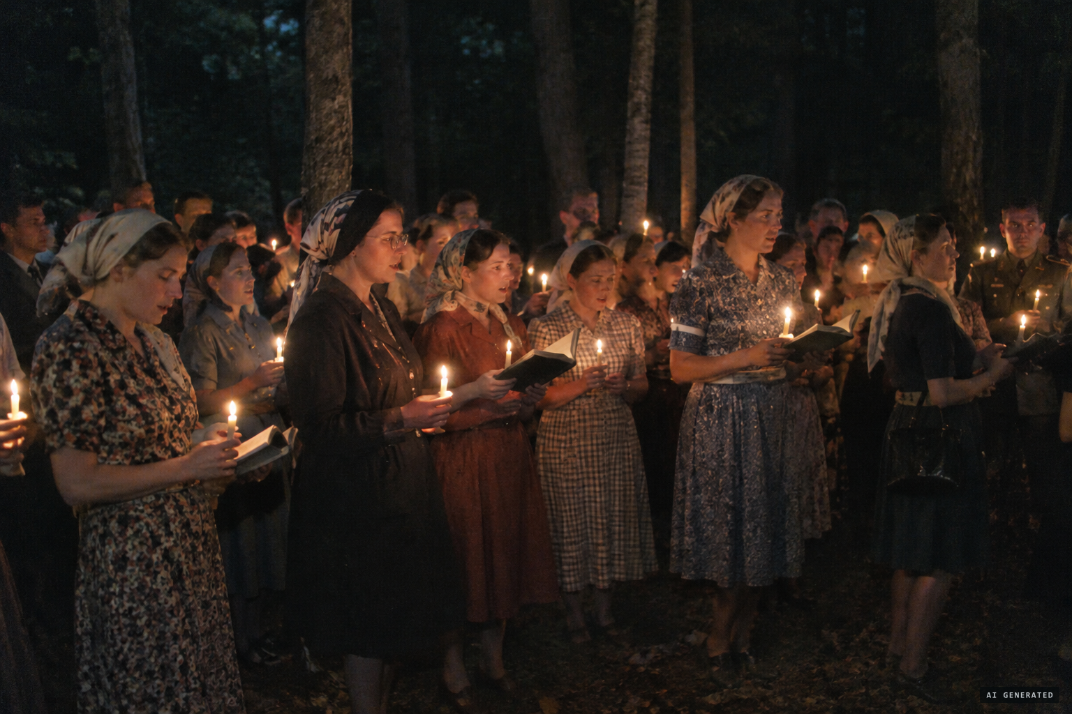 At night, women and a few men sing in the wood