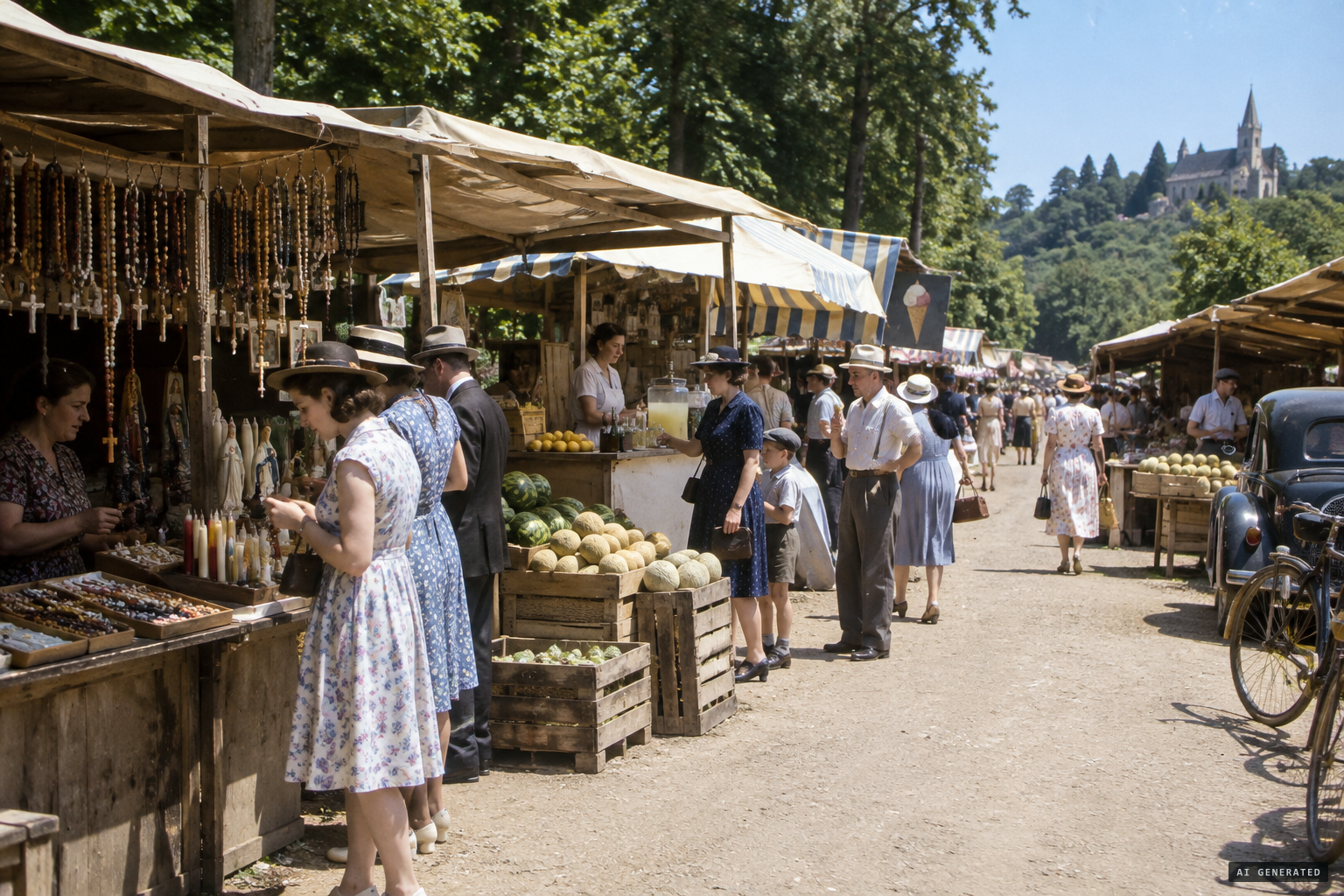 Stalls selling rosaries, candles, lemonade, ice cream and melons