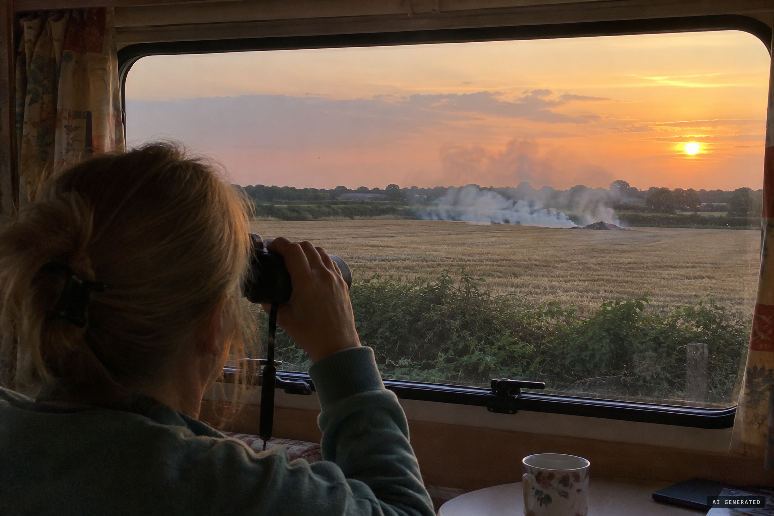 Denise Martin looks out at smoke drifting over the field off Earls Hall Drive