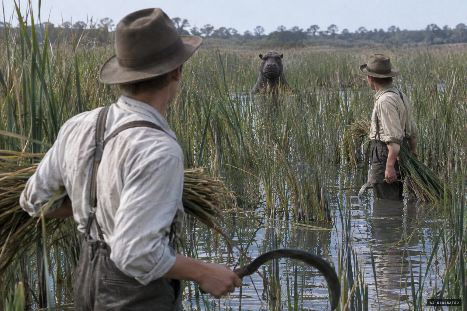 A reed-cutter sees a large bulldog-like head upreared thirty paces away