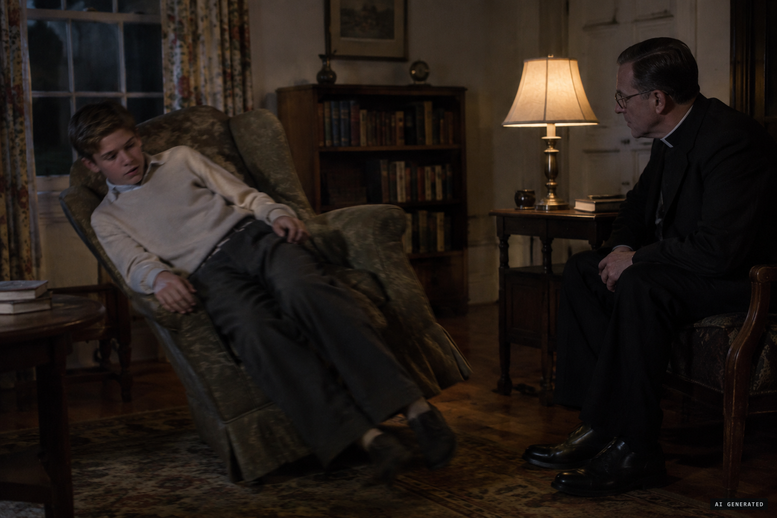 The armchair, with the boy in it, tilts slowly and falls