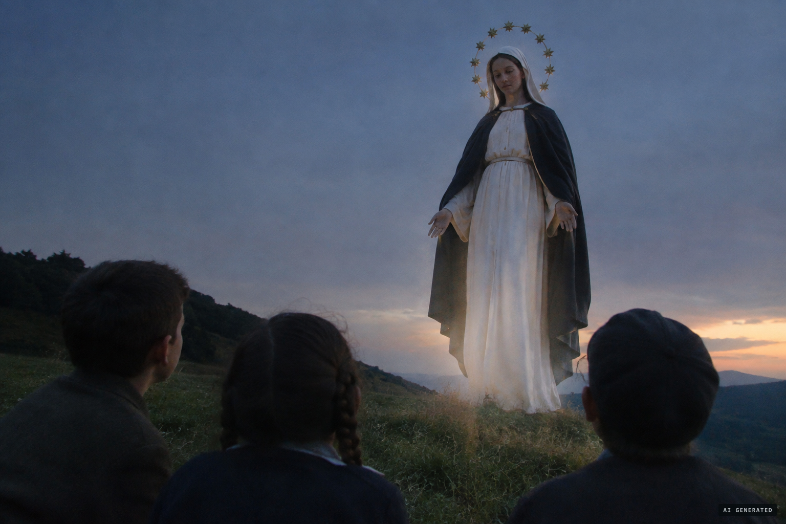 Our Lady of Sorrows in white robe and black cape, stars in her crown, silent