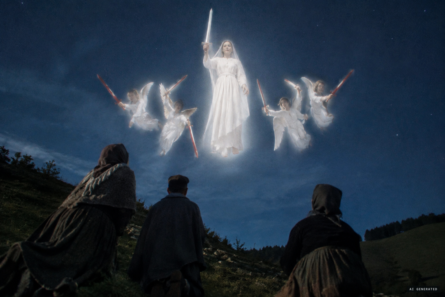 The Virgin blesses the four points with a sword; angels with bloody swords