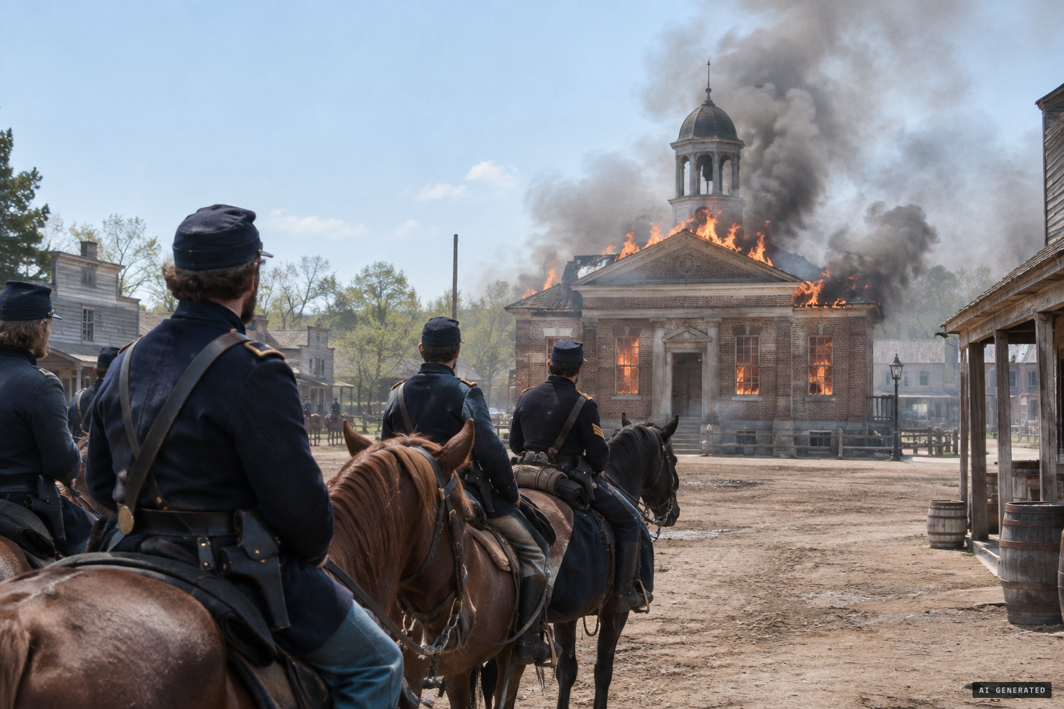 Union forces burn Carrollton's first courthouse during Wilson's Raid, April 1865