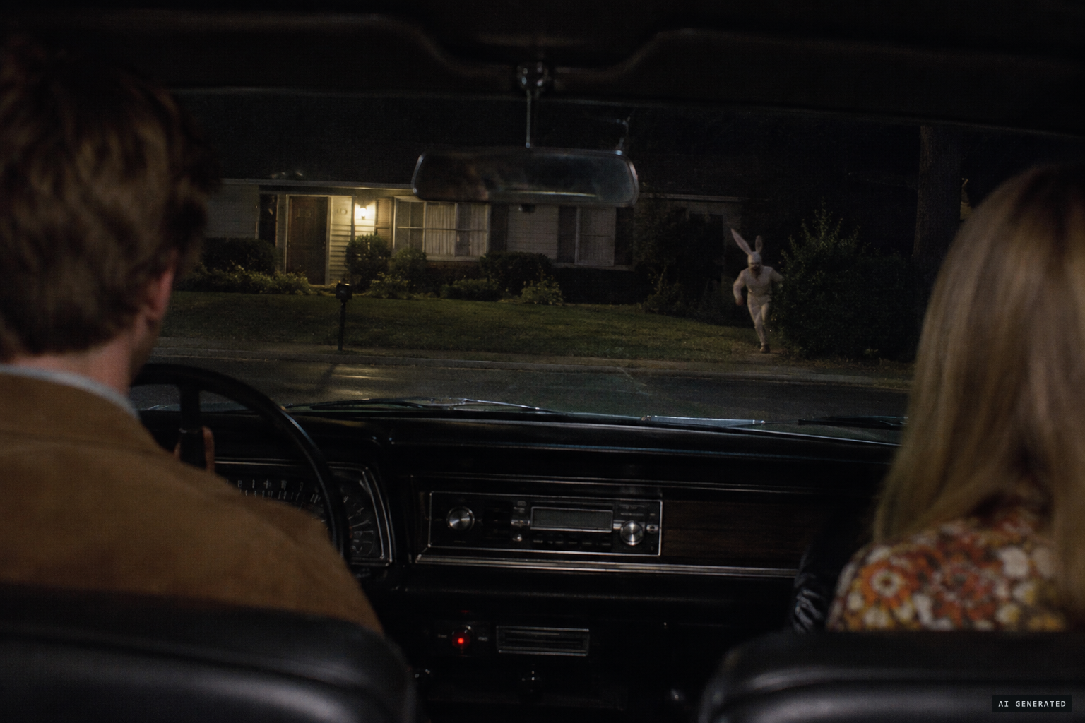 A figure in a white suit with long bunny ears runs from the bushes toward the parked car