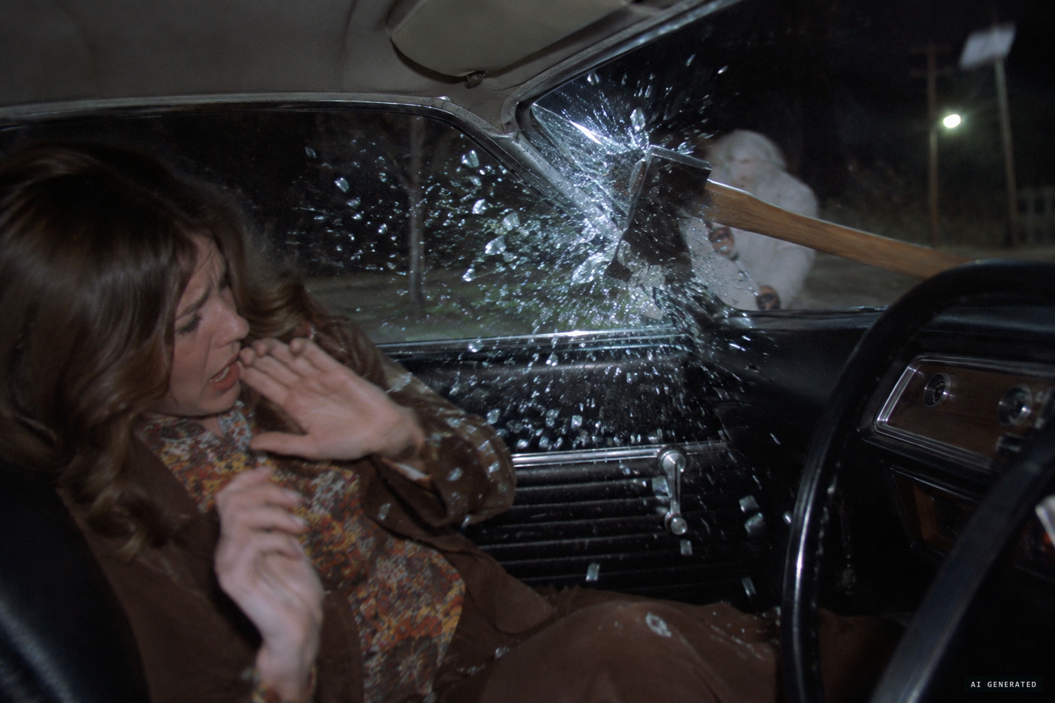 The hatchet comes through the right front window