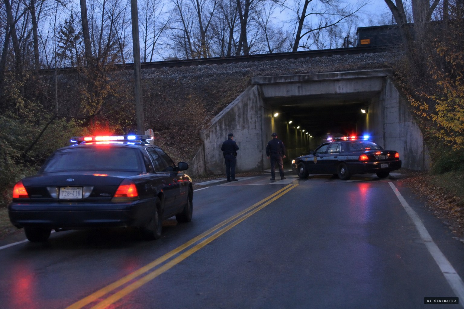 Police control access at the 'Bunny Man Bridge' on Halloween