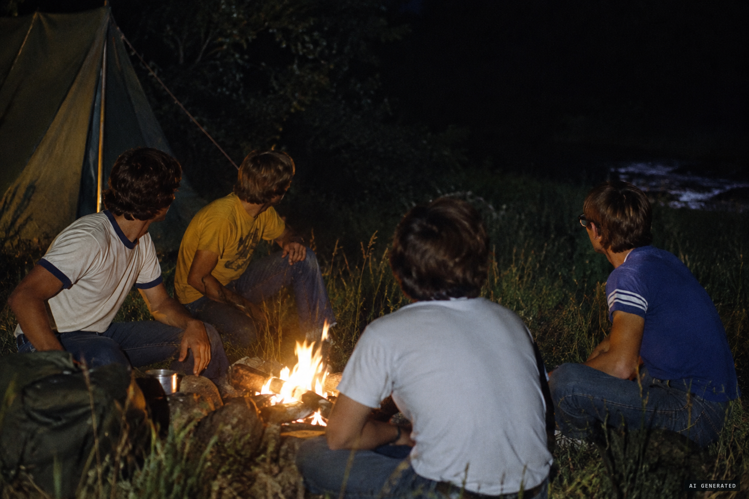 The four campers hear something moving in the tall grass