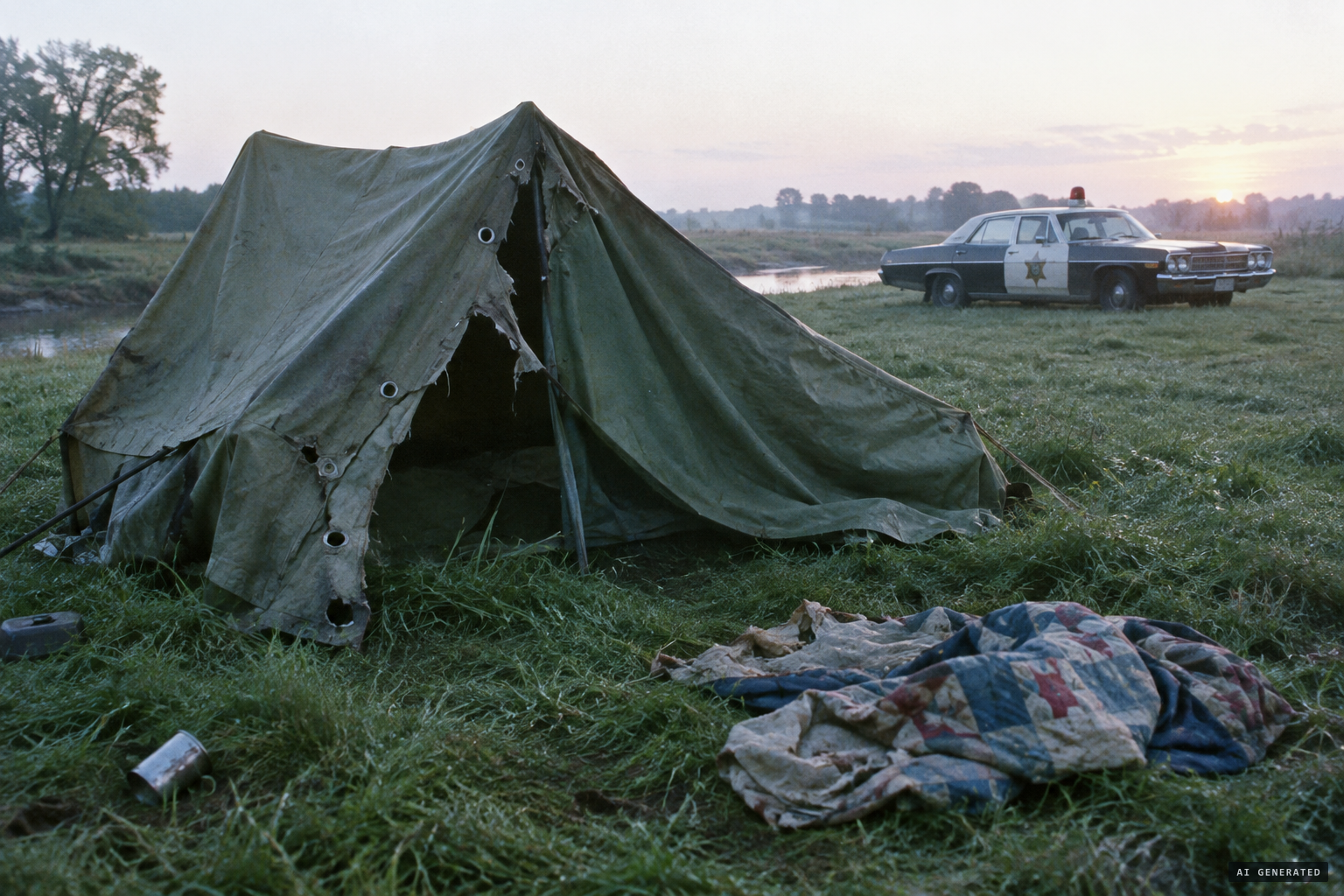 At dawn: grommets ripped from the tent, a quilt torn to shreds
