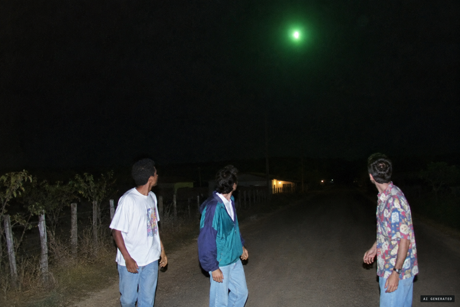 Returning from a party, three young men see a large flashing luminous ball