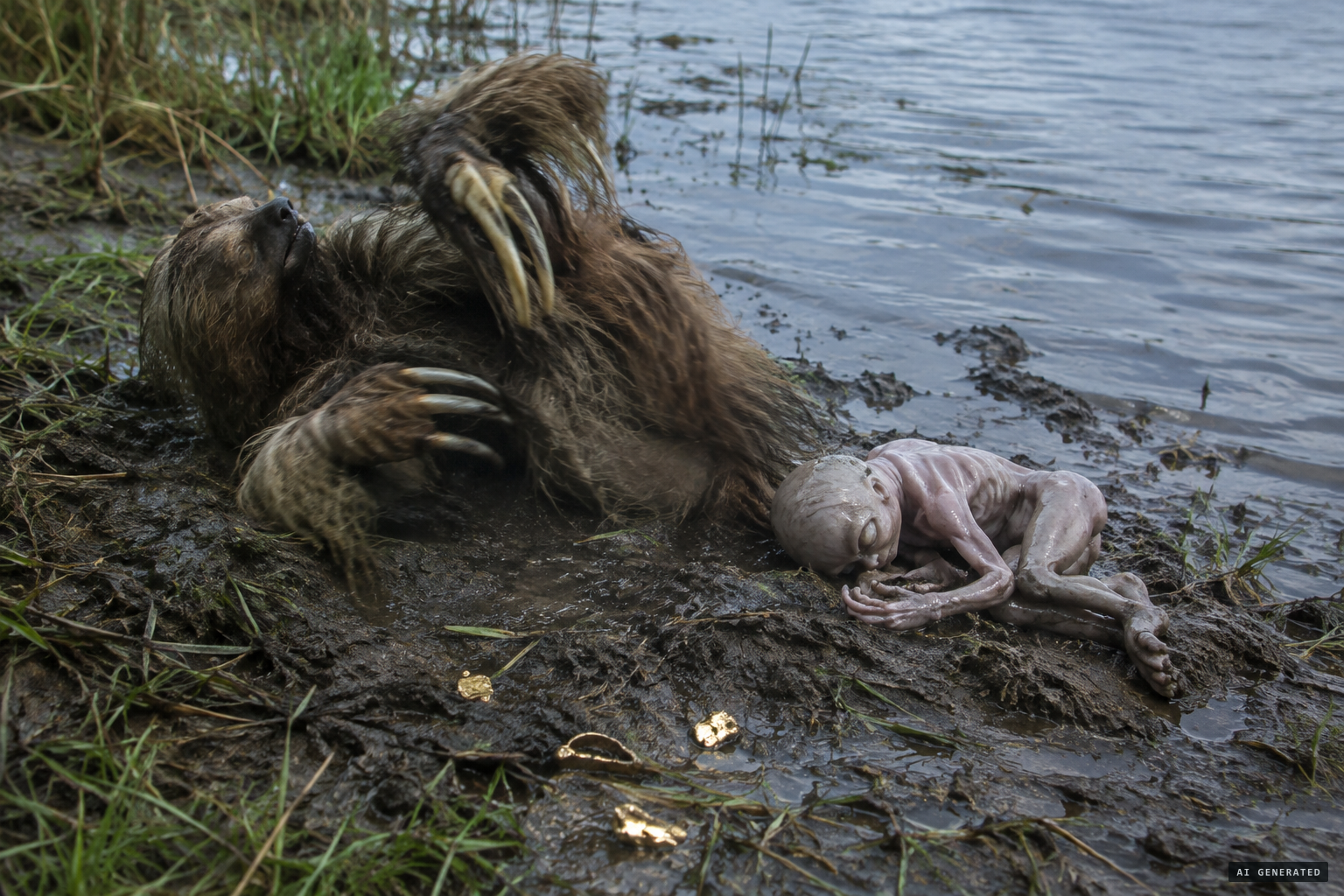 The hairy, moaning 'sloth' and a fetus-like being that appeared dead, beside gold-coloured metal