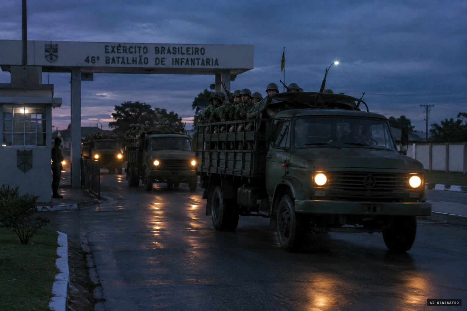 Three trucks of the 35th Infantry Battalion leave at 05:30