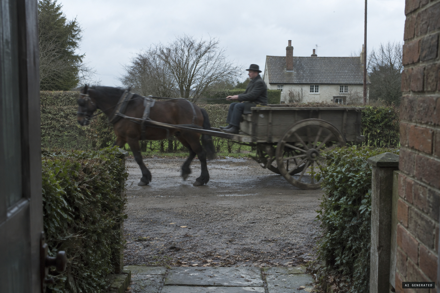 The cart passes between the servants and the figure
