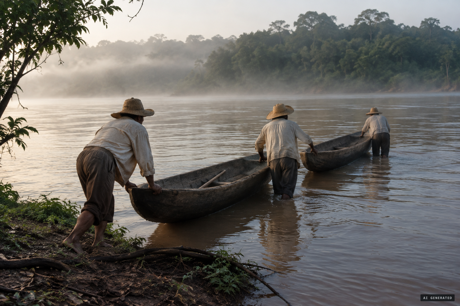 Three fishermen set out in their canoes on the Paraíba do Sul
