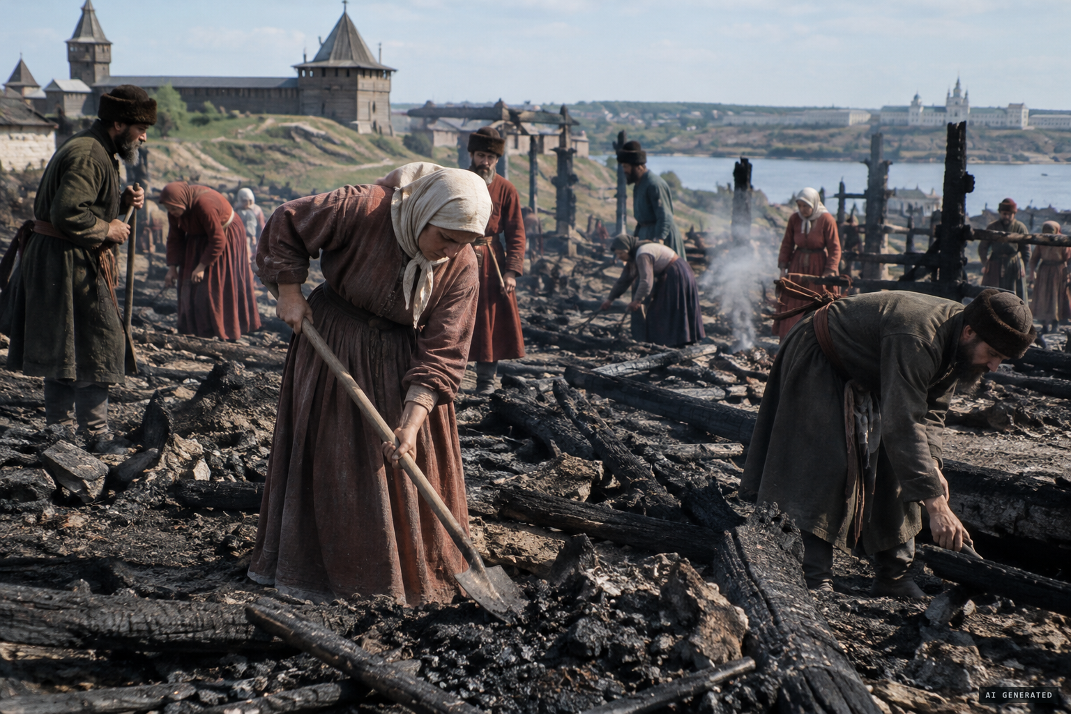 At the burned house the mother and others dig and find nothing