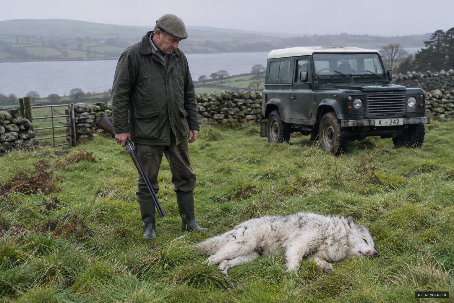 A County Fermanagh farmer with the Arctic wolf he shot, autumn 1995