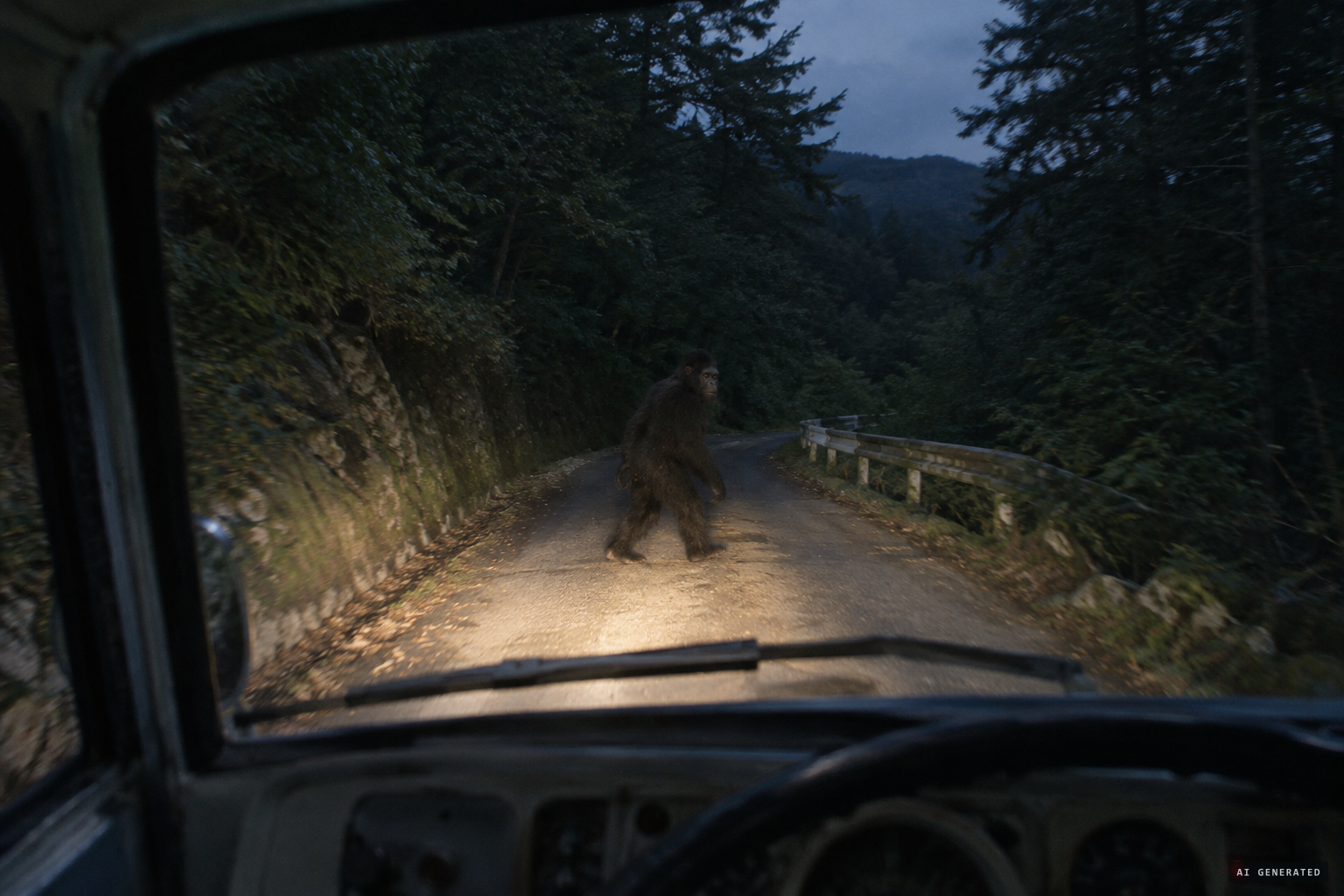 A gorilla-like creature walks onto the road near Rokunohara Dam
