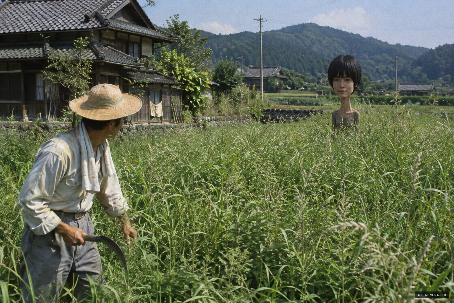A farmer cutting grass sees a black-haired figure standing upright
