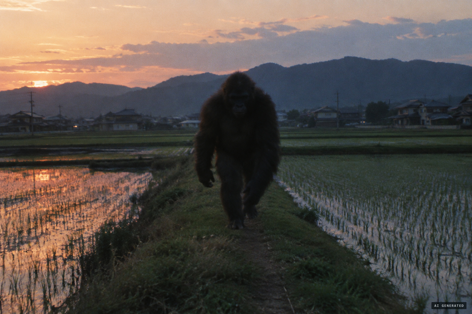 On a paddy ridge path, a gorilla-like monster walks toward a local man