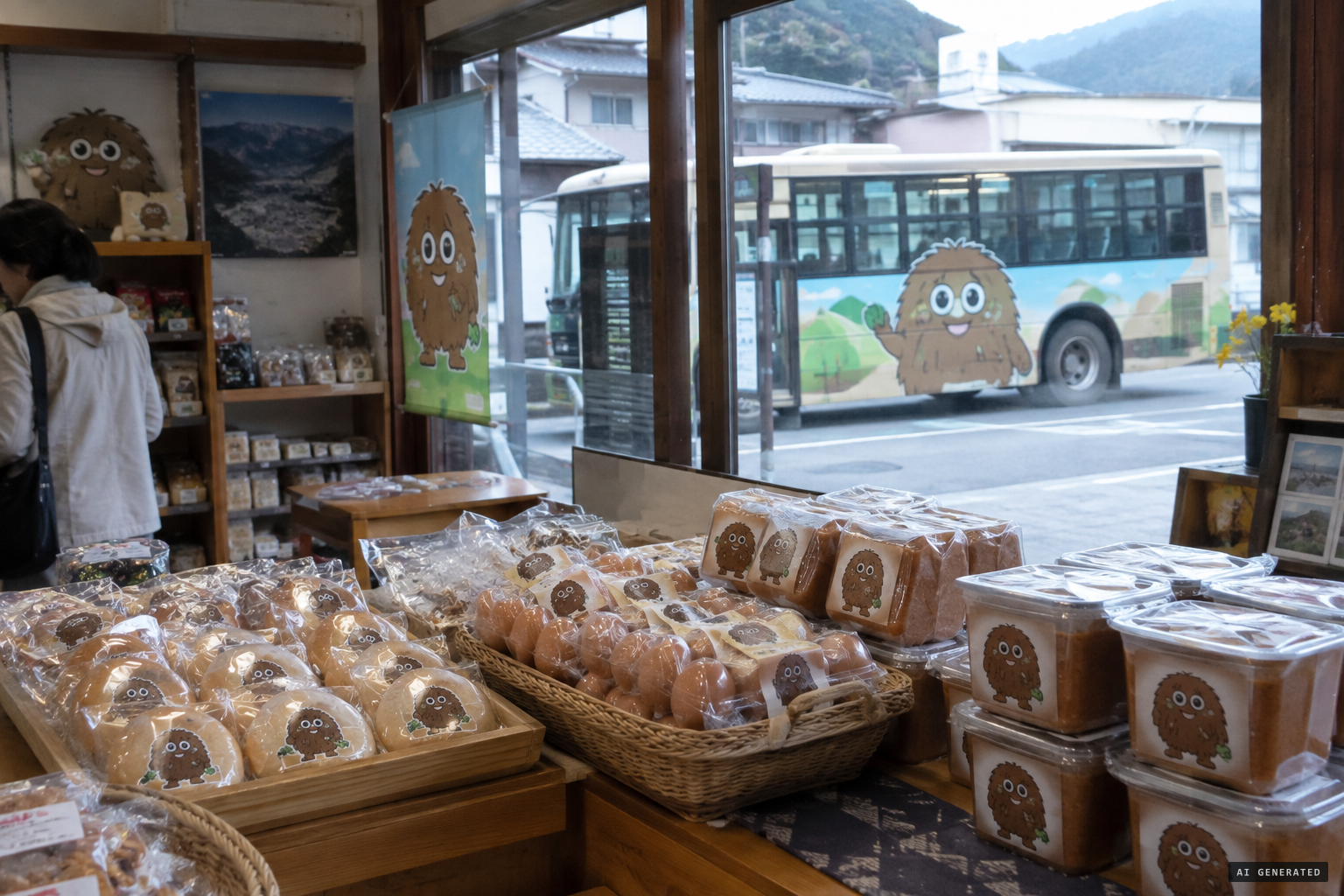 Saijō's cute Hibagon mascot on local products and buses