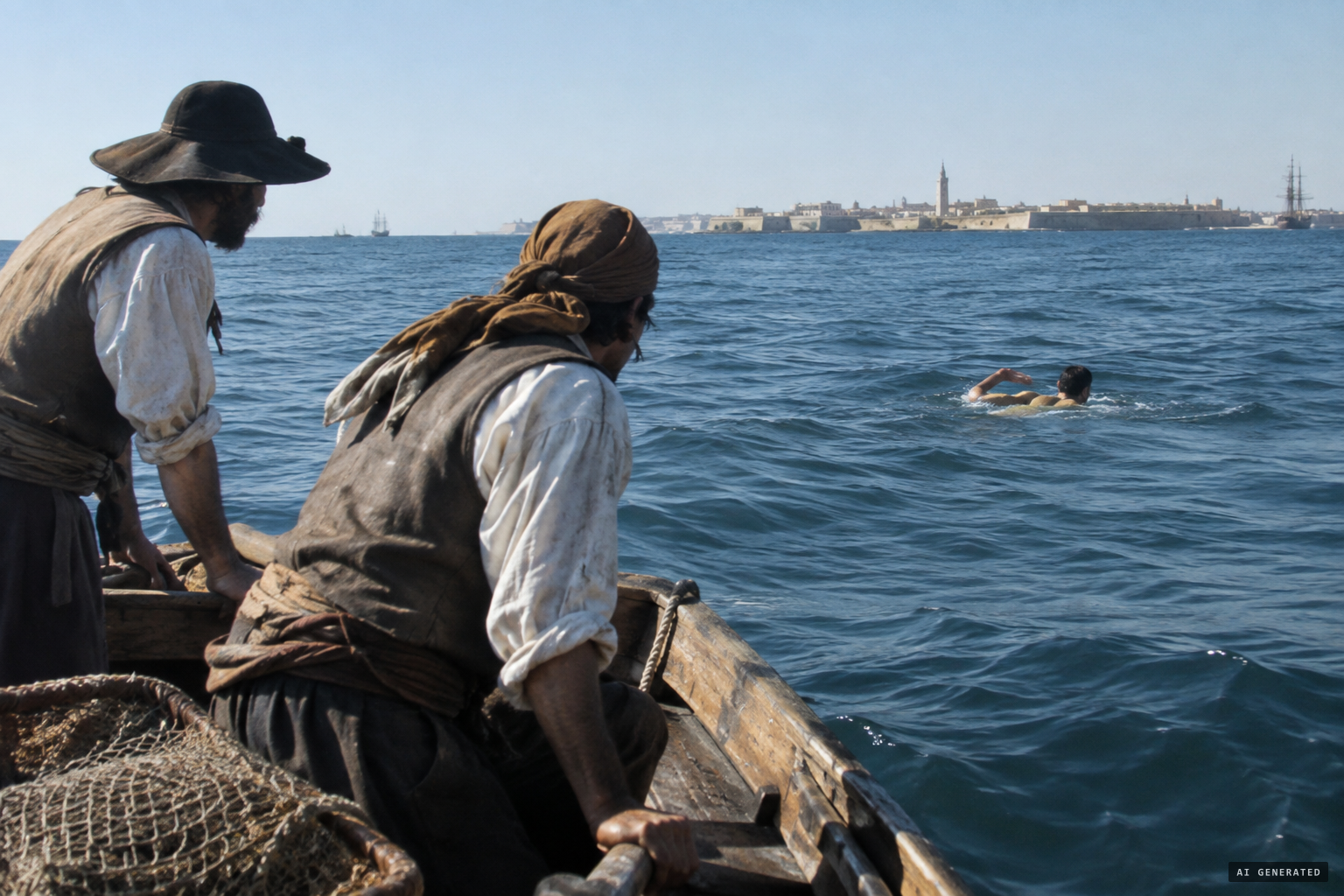 Fishermen see the figure of a man swimming and diving in the sea of Cádiz