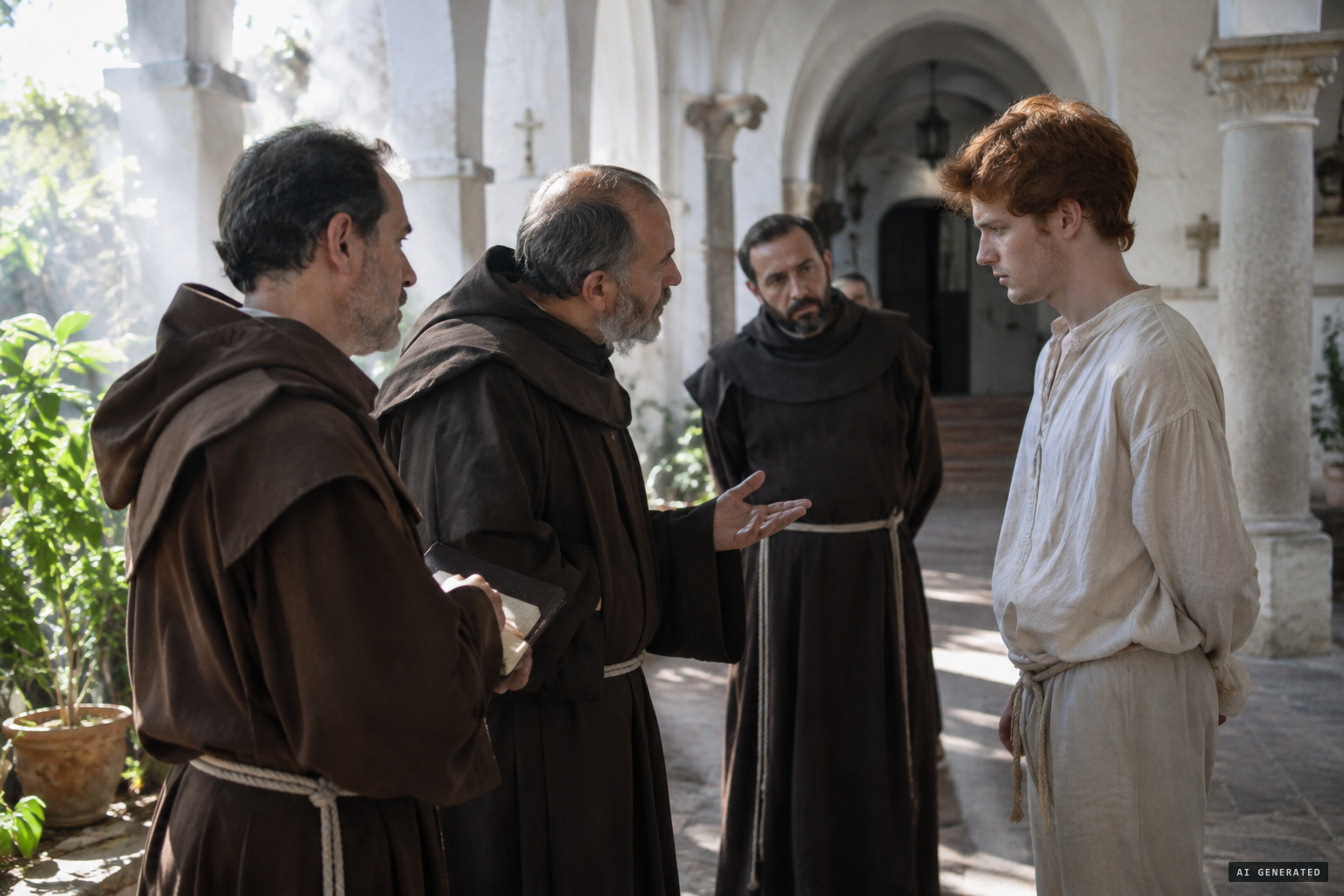 Friars at the Convent of San Francisco question him in several languages