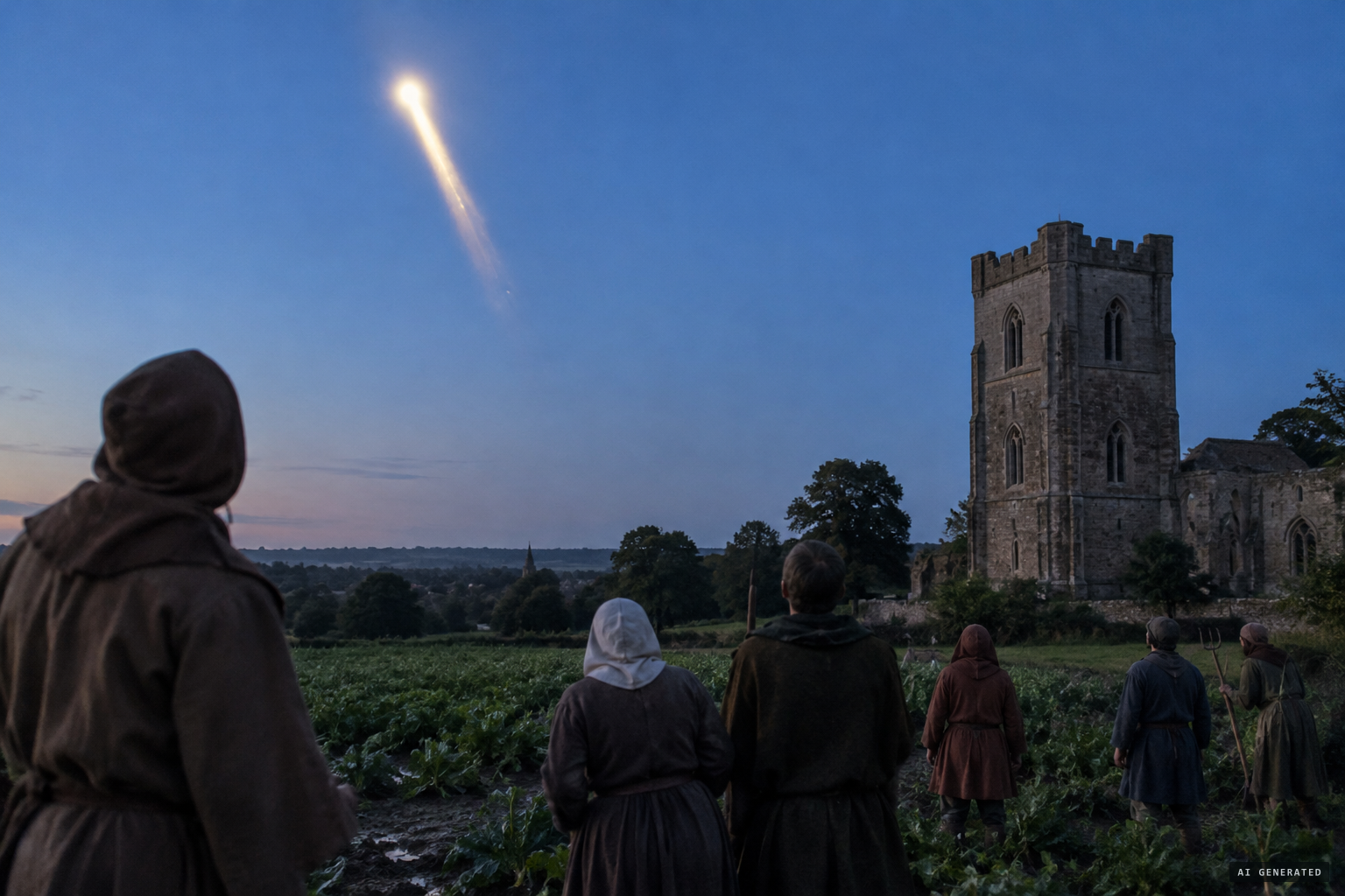 At dusk, a very large star like a torch rises from the south in a clear blue sky