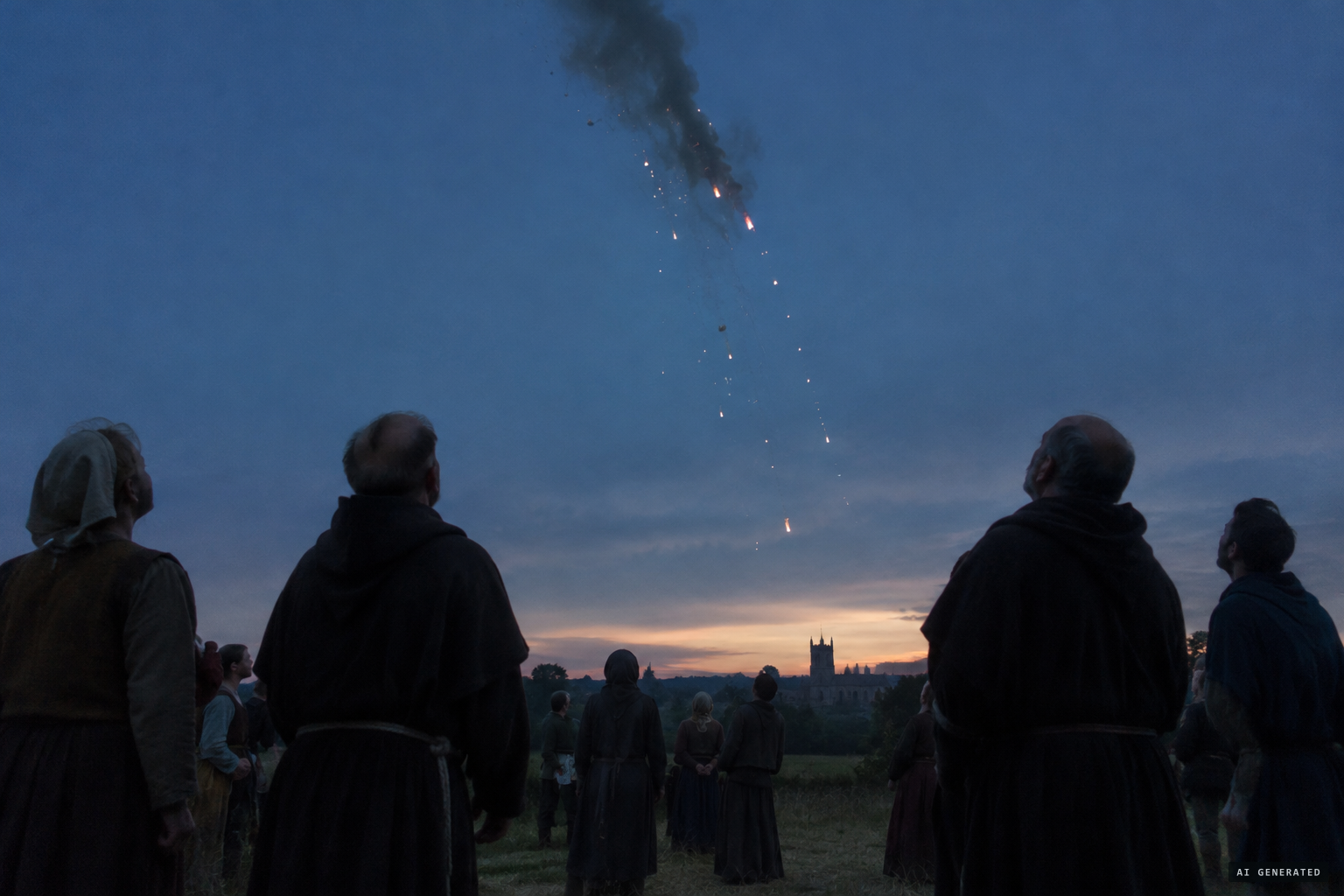 At mid-sky it vanishes, leaving smoke and sparks as the watchers stand in wonder