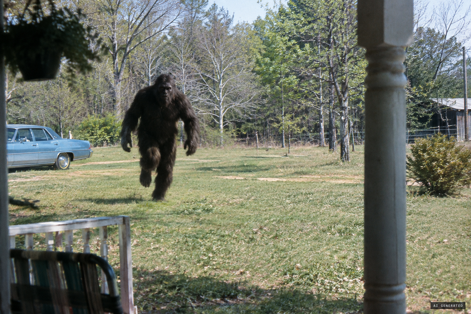 A huge, apelike figure bounding across the yard toward the house