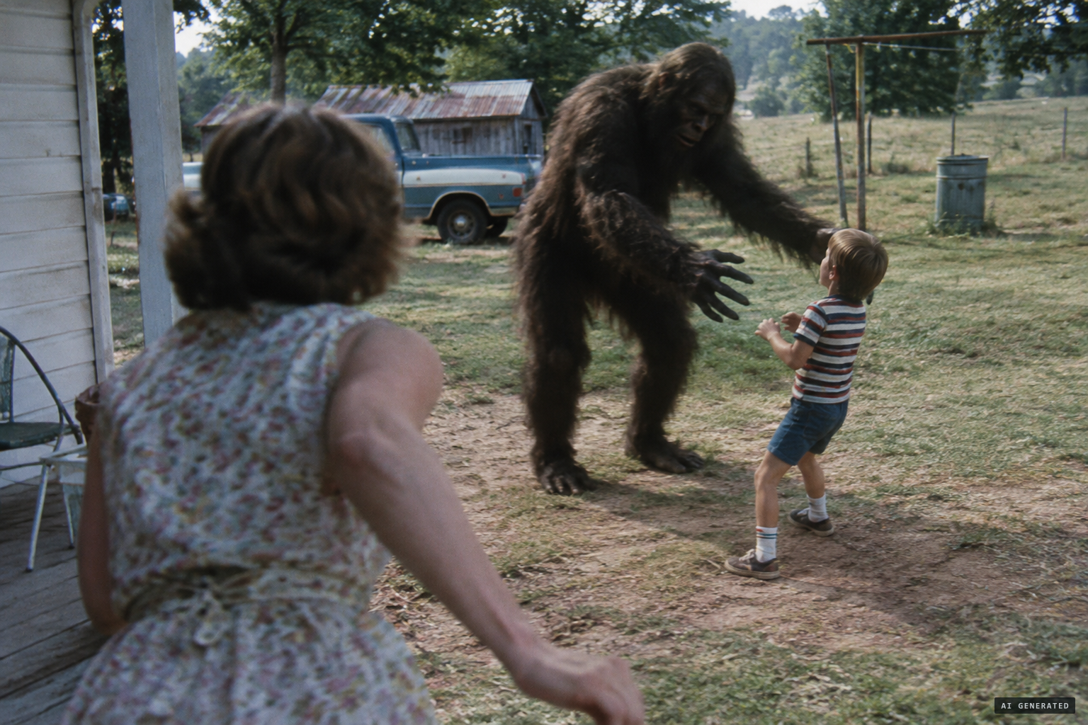 The creature reaches its long, hairy arms to within inches of Gary