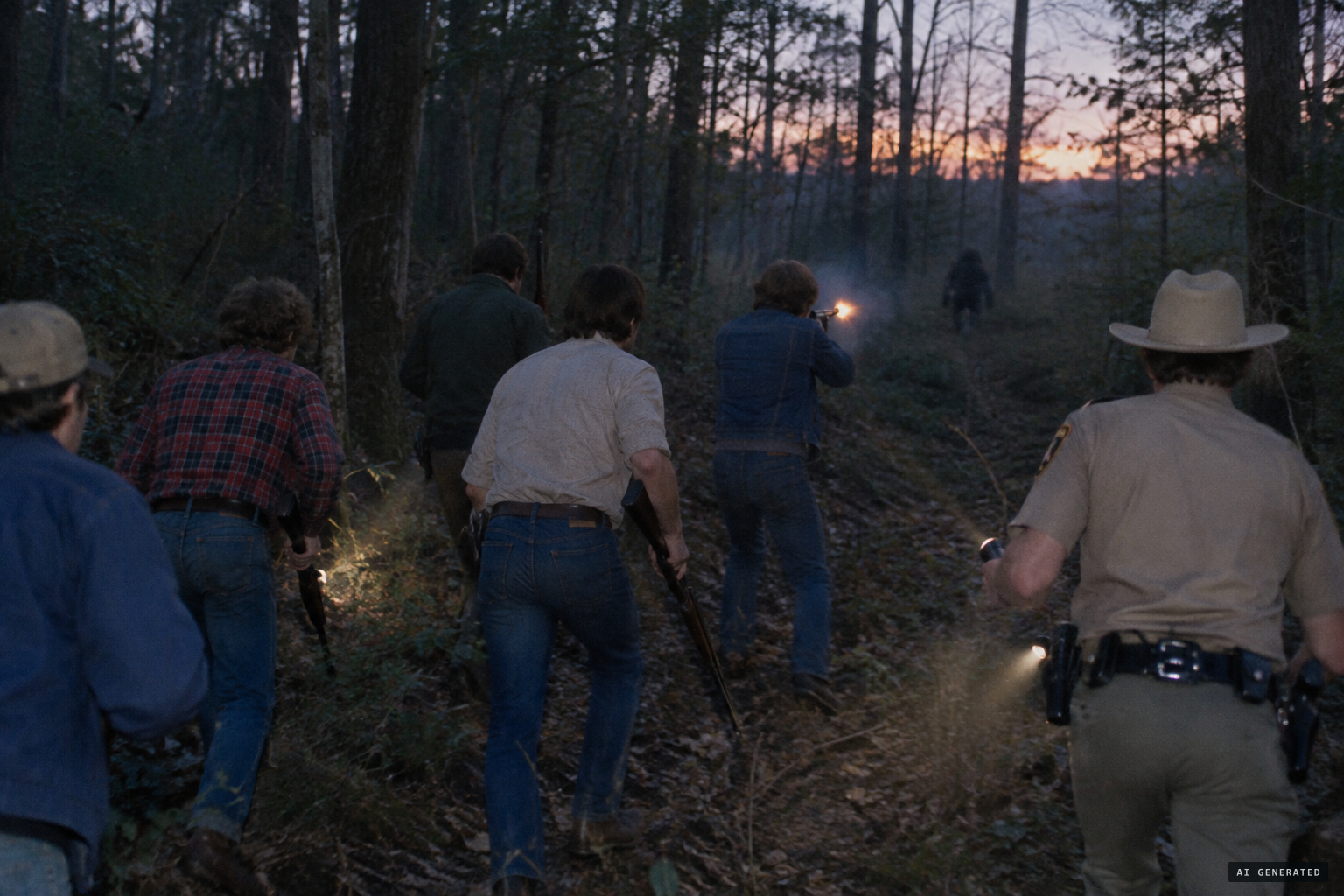 A six-man posse chases the creature and shoots at it