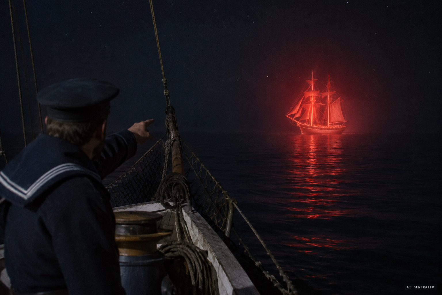 The look-out sees a phantom brig all aglow in red light on the port bow