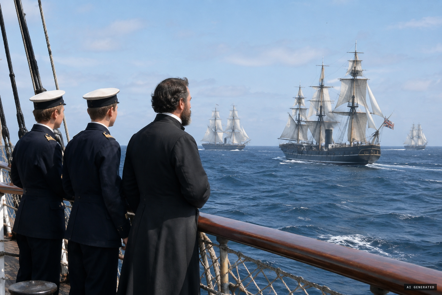The two princes serve as midshipmen, with their tutor and chaplain aboard