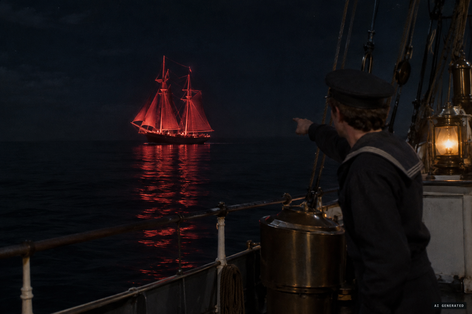 A brig all aglow in strange red light comes up on the port bow