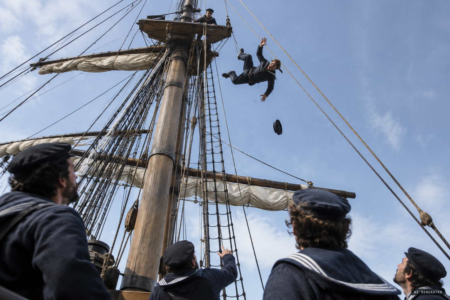 At 10.45 the seaman who reported the Flying Dutchman falls from the foretopmast crosstrees