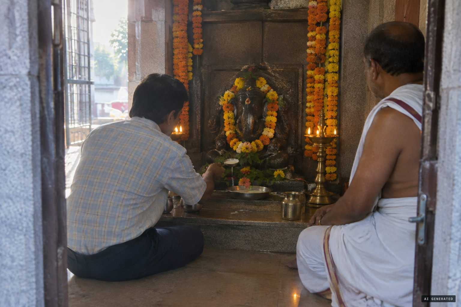 At dawn, a priest lets a devotee offer a spoonful of milk to a small stone Ganesha.