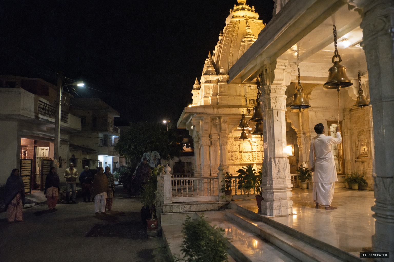 At the Birla Mandir, a priest hears temple bells at midnight and wakes the neighbours.