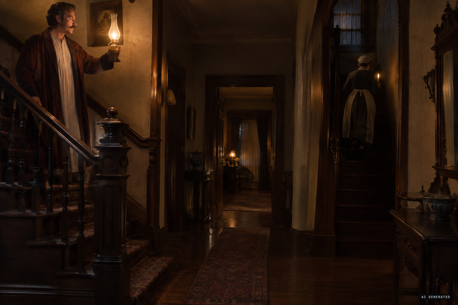 Dr Rowe lights a lamp as the housekeeper comes up the back stairs with another light