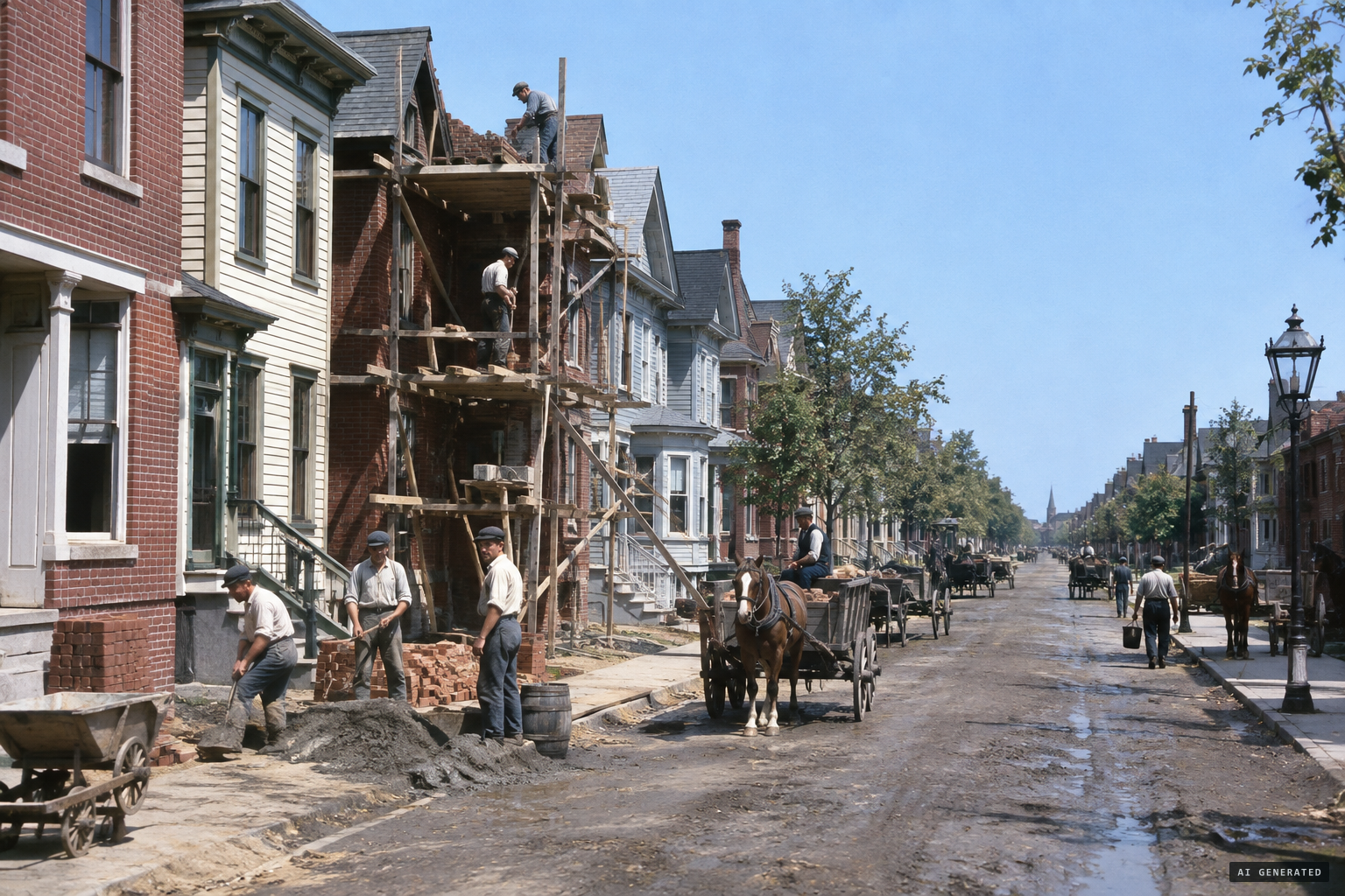 A city too new for ghosts, smelling of damp mortar and new paint