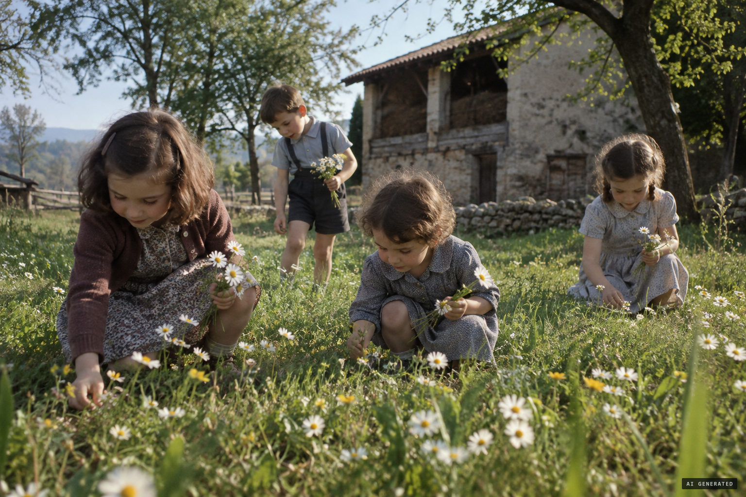 Adelaide and three other children picking daisies at il Torchio, 13 May