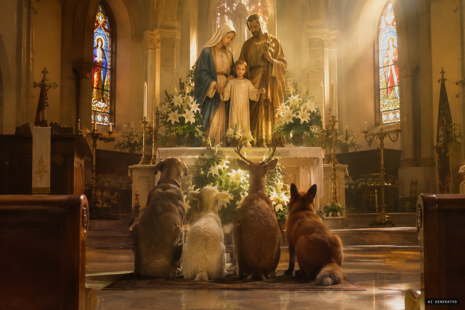 21 May: the Holy Family inside a church with four animals at prayer
