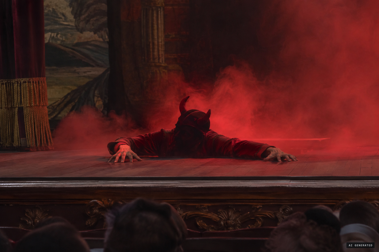 Descending to the infernal regions, he clutches the boards