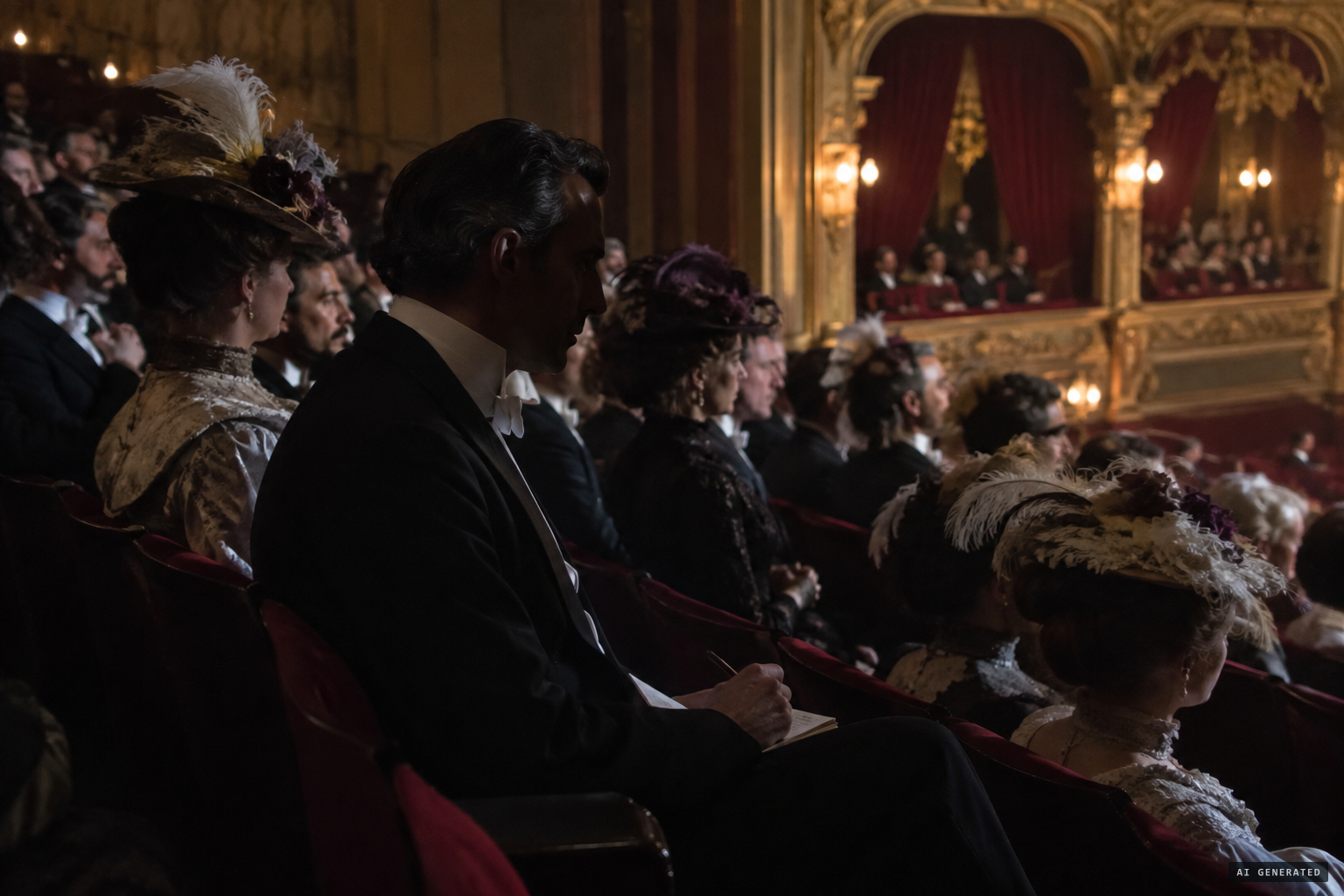 The man in evening dress watches and takes notes