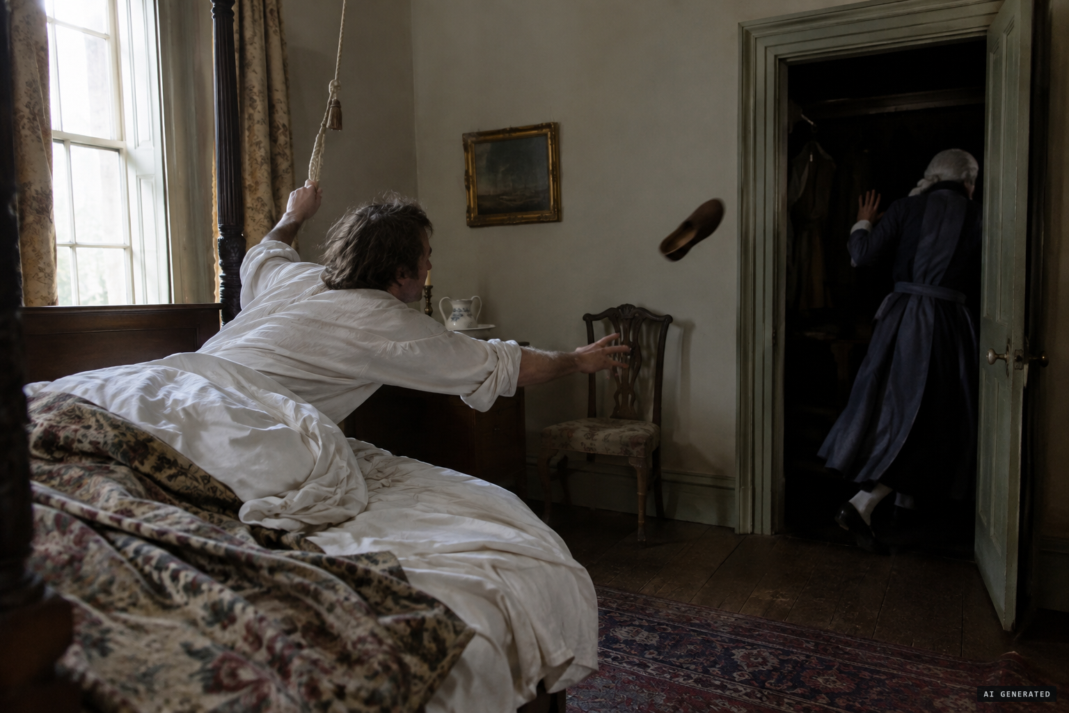 Andrews rings for his servant as the figure slips into the dressing room