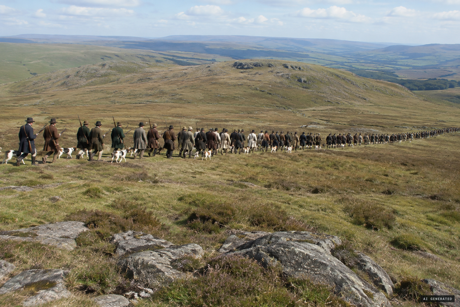 About 200 men and hounds hunt Kinniside all day in July