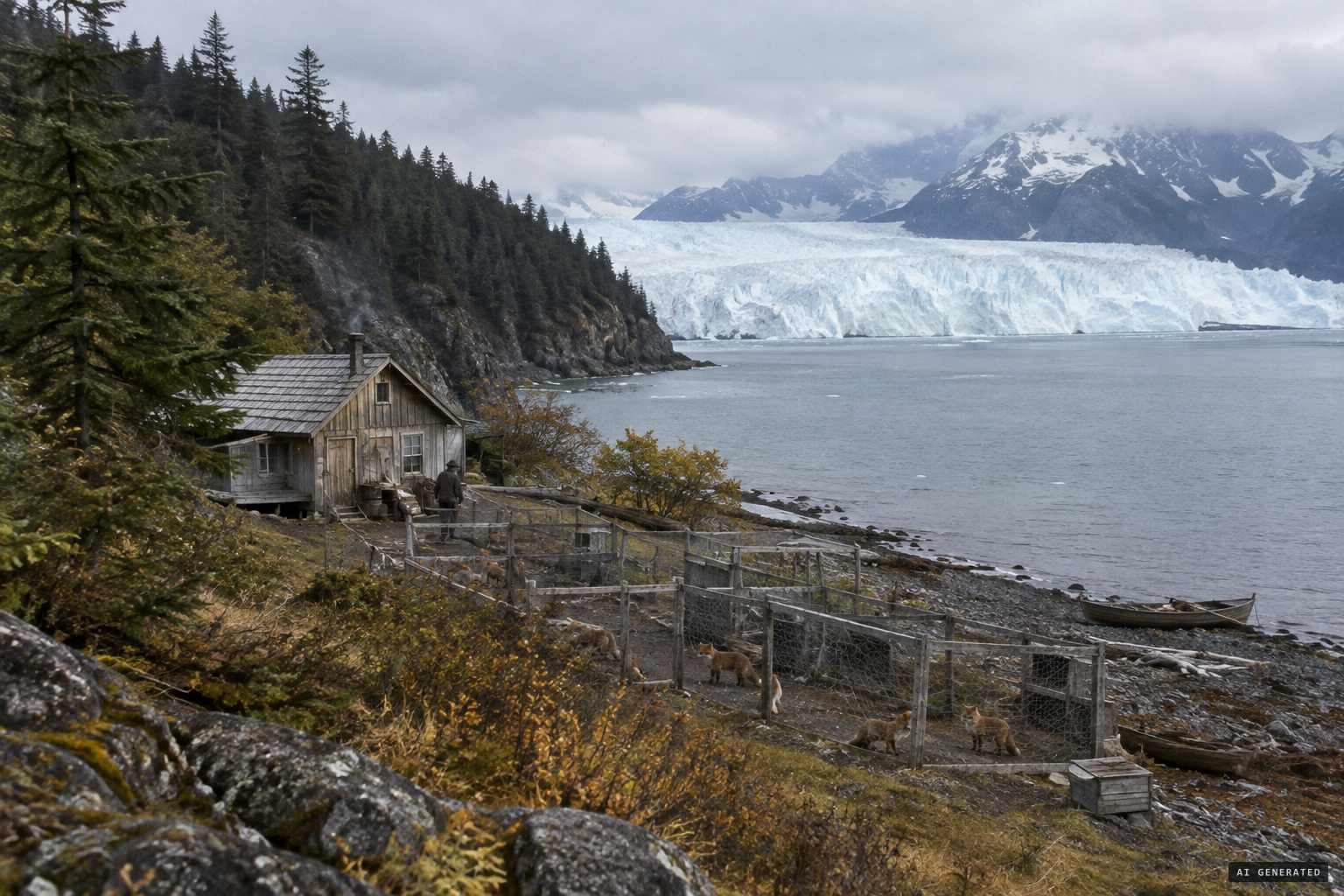 Glacier Island's Eagle Bay, south of Columbia Glacier, where a fox farm worked the shore
